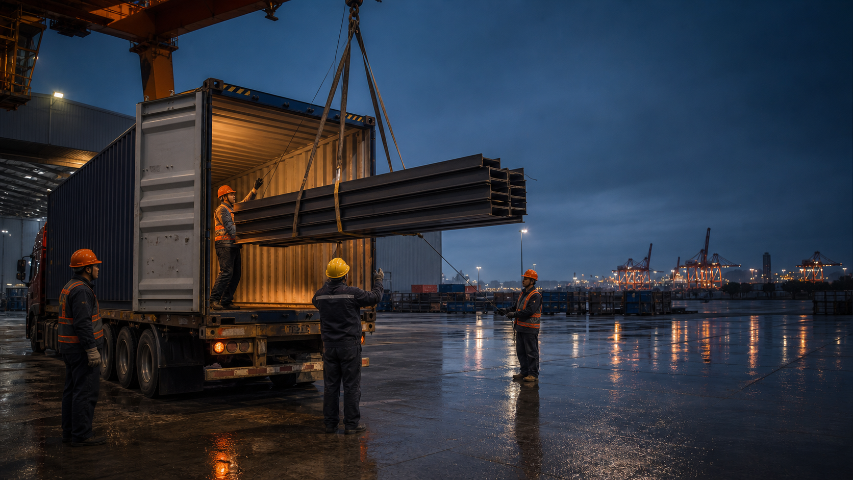 Steel beams loaded into a shipping container at a port